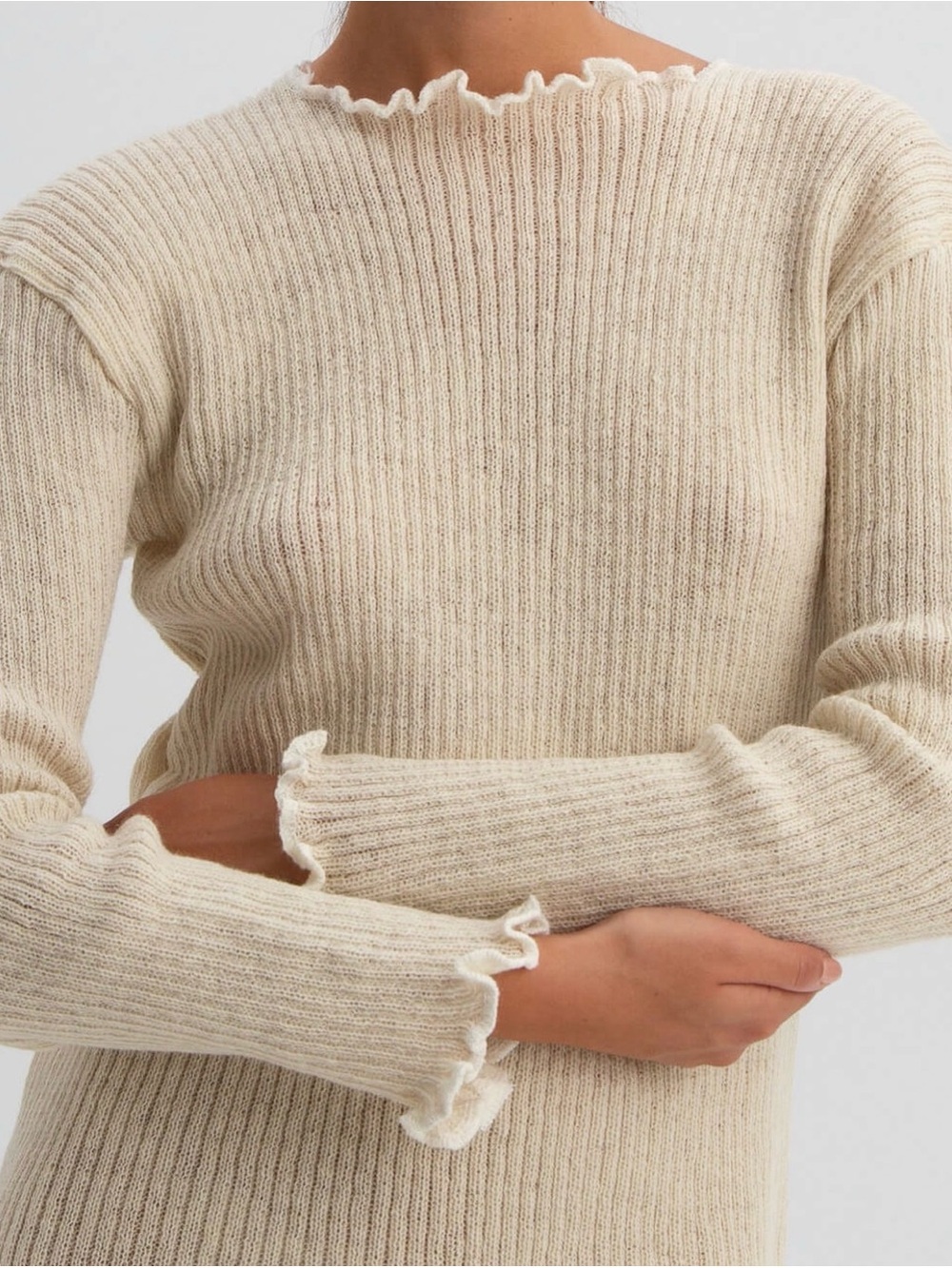 Mystree Cream Ruffle Trim Ribbed Turtleneck Sweater